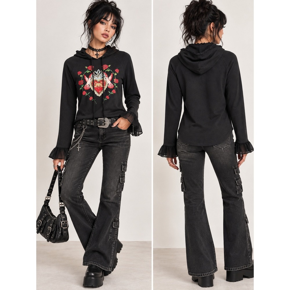 Snow White and the Huntsman Hoodie Womens S Black Sacred Heart Rose Mesh Ruffle
